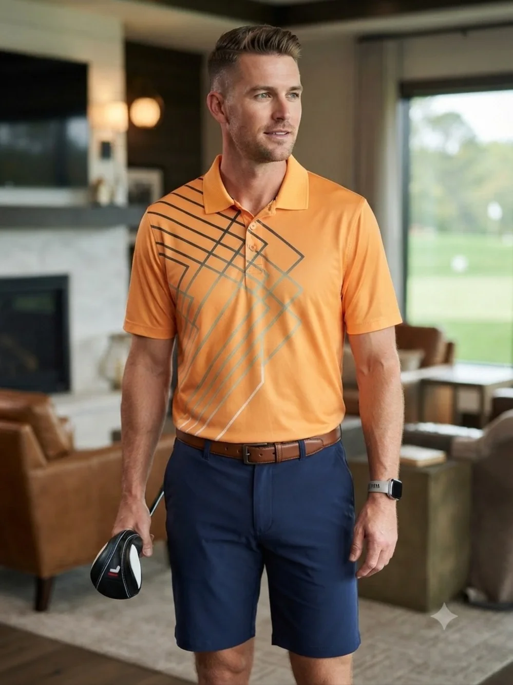 Fila Golf Men's Small Bright Orange Polo with Geometric Stripe Graphic in Blue